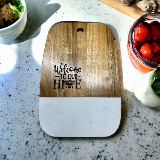 Oblong White Faux Marble Wooden Serving Board