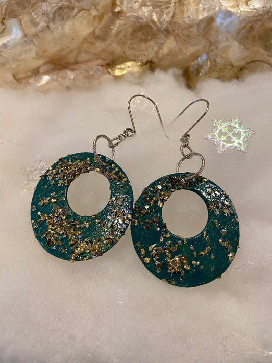 Open Circle Earrings - Green/Gold Flake